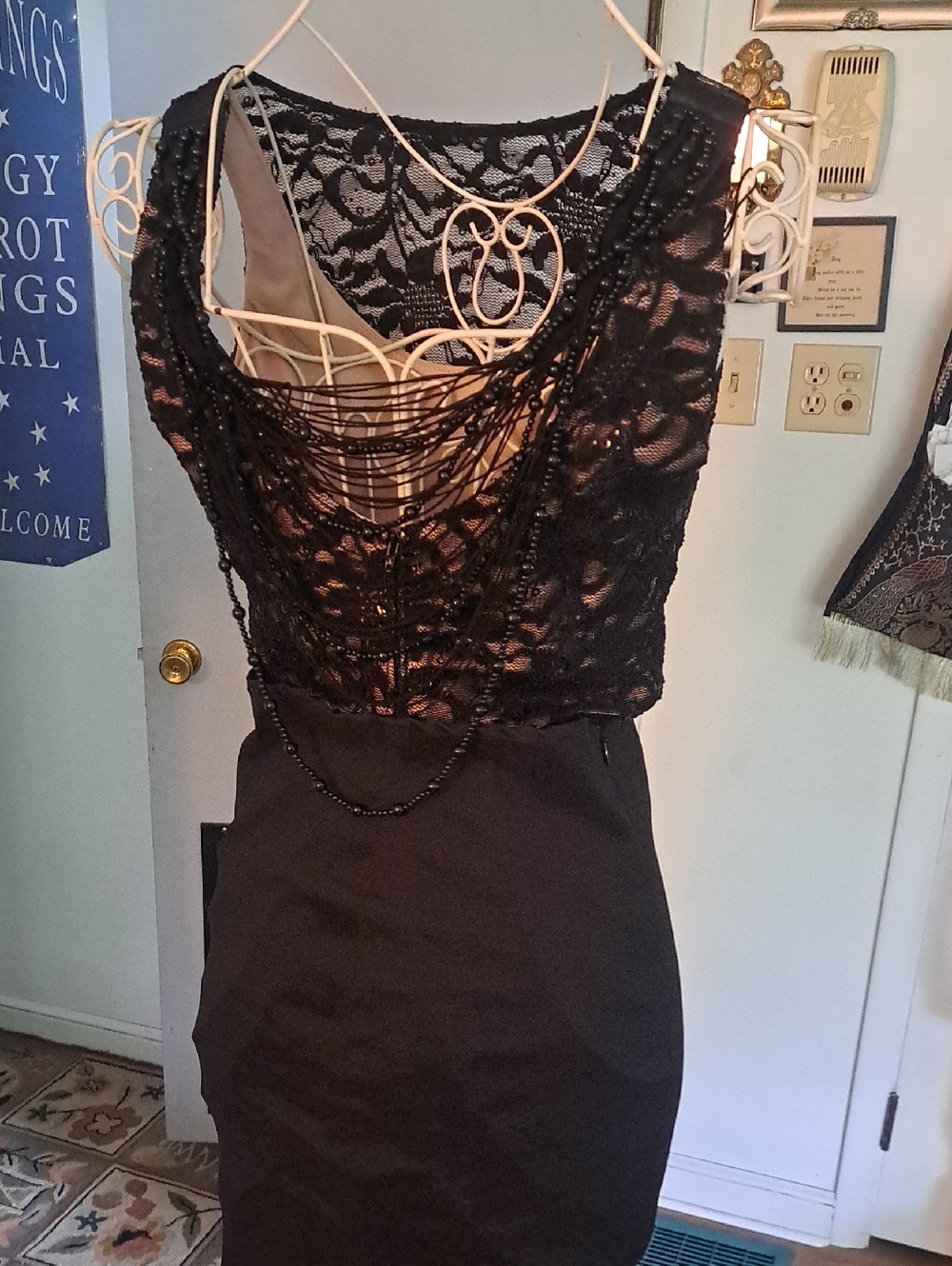 90s/y2k Jump Black Lace Two Piece Evening Set with Dramatic Draped Beading 7/8